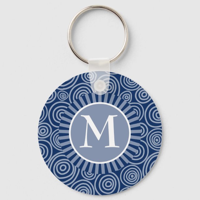 Monogram Navy Blue White Spirals - Personalized Keychain (Front)