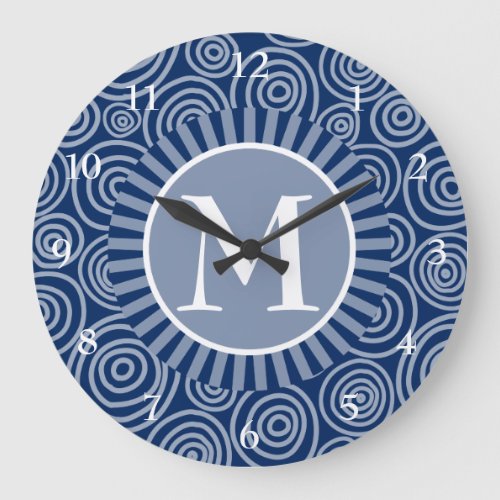 Monogram Navy Blue White Spirals _ Personalized Large Clock