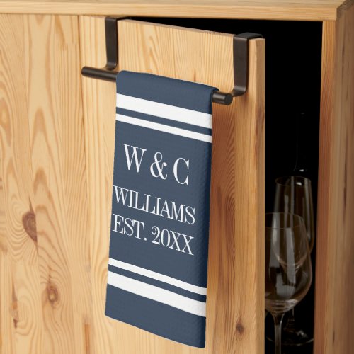 Monogram Navy Blue White Stripe Personalized Kitchen Towel