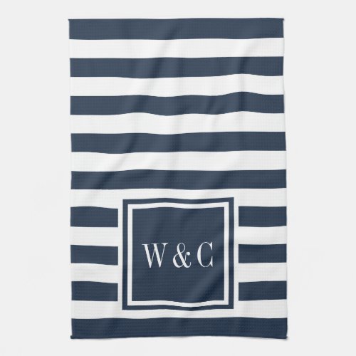 Monogram Navy Blue White Stripe Personalized Kitchen Towel