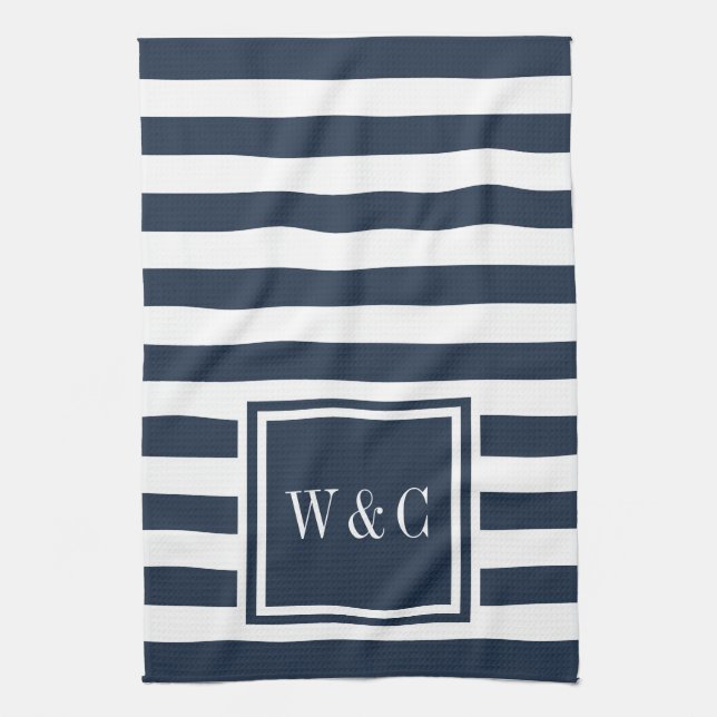 Monogram Navy Blue White Stripe Personalized Kitchen Towel (Vertical)