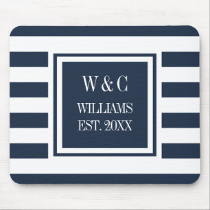 Monogram Navy Blue White Stripe Personalized Mouse Pad
