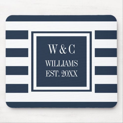 Monogram Navy Blue White Stripe Personalized Mouse Pad