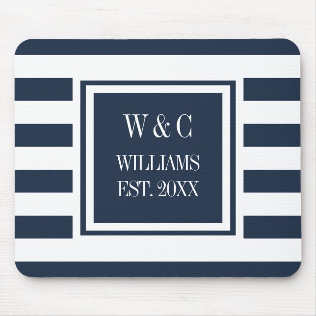 Monogram Navy Blue White Stripe Personalized Mouse Pad (Front)