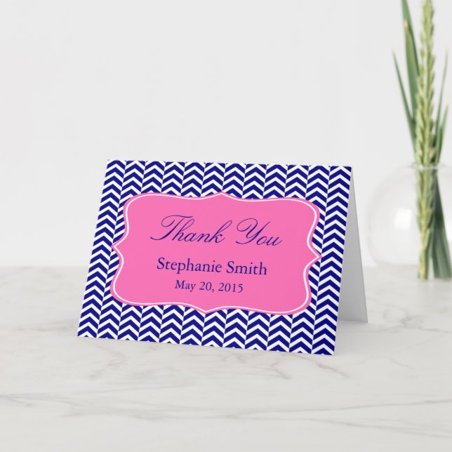Monogram Navy Blue with Hot Pink Chevron Bridal Thank You Card (Front)