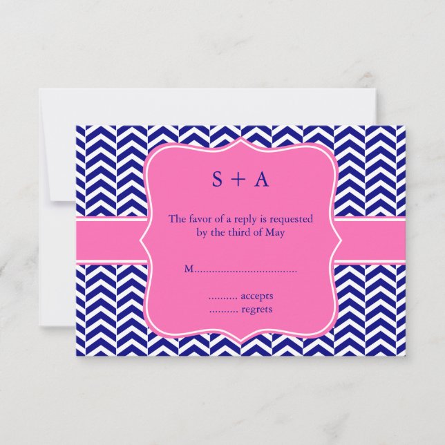 Monogram Navy Blue with Hot Pink Chevron RSVP (Front)