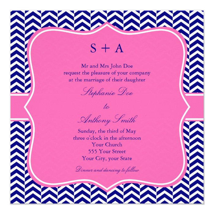 Monogram Navy Blue with Hot Pink Chevron Wedding Invitations