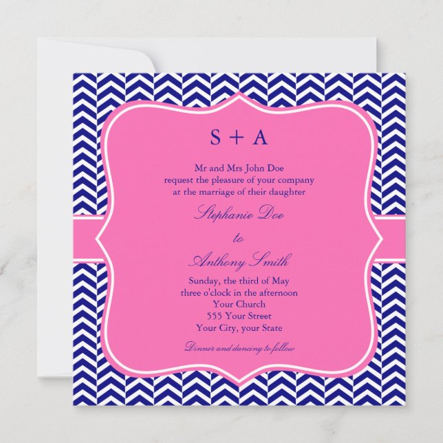 Monogram Navy Blue with Hot Pink Chevron Wedding Invitation (Front)
