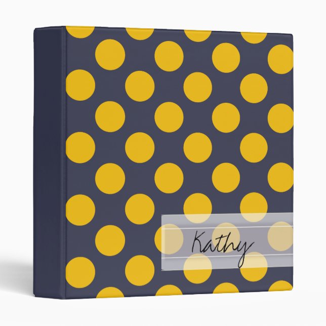 Monogram Navy Blue Yellow Chic Polka Dot Pattern 3 Ring Binder (Front/Spine)
