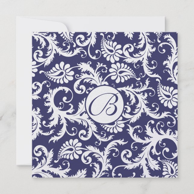 Monogram Navy Damask Swirls Wedding Invitation (Front)