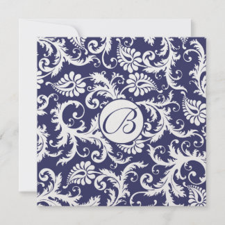 Monogram Navy Damask Swirls Wedding Invitation