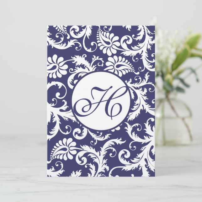 Monogram Navy Damask Swirls Wedding Invitation (Standing Front)