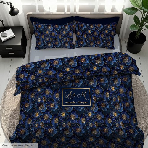 Monogram Navy Duvet Cover Modern Gold Flowers