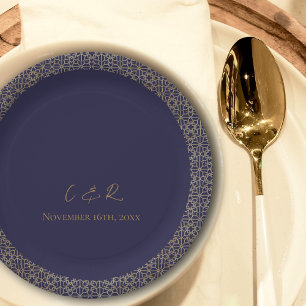 Monogram Navy Gold Design Wedding Reception Party  Paper Plates