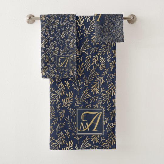 Monogram Navy Gold Leaf Newlyweds Home Decor Gift Bath Towel Set
