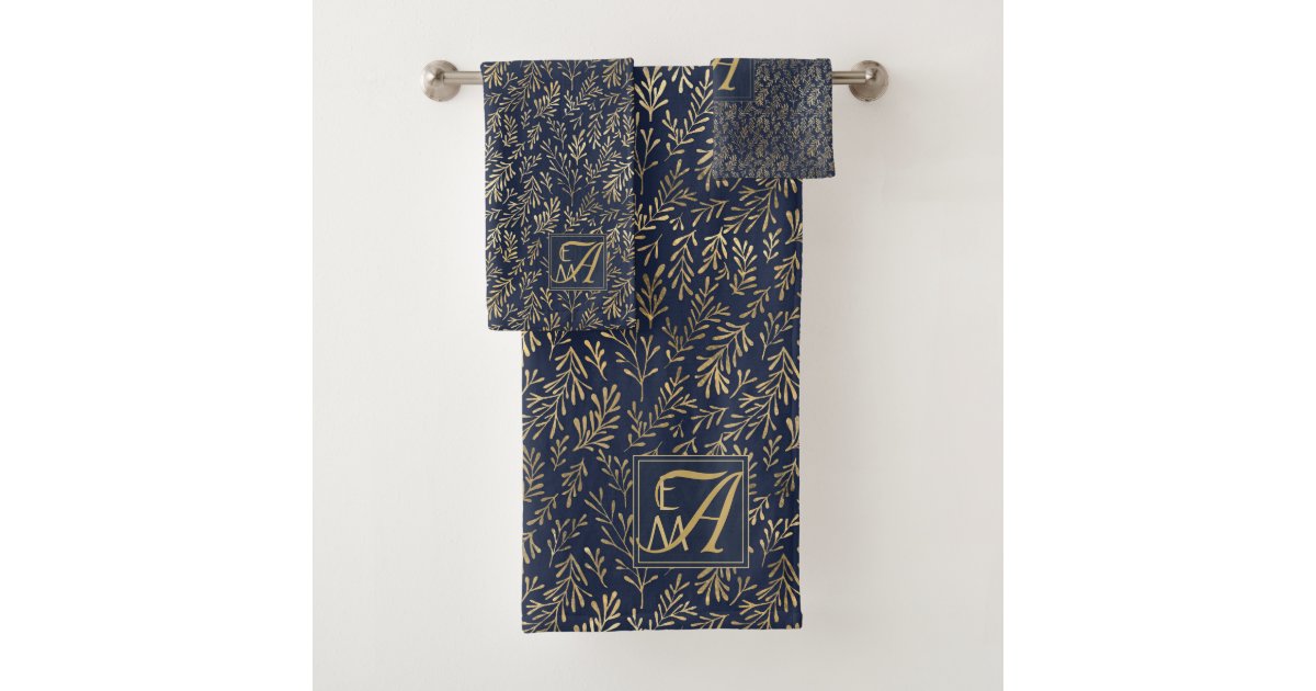 Monogram Navy Gold Leaf Newlyweds Home Decor Gift Bath Towel Set Zazzle