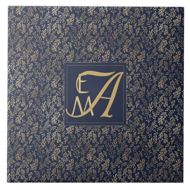 Monogram Navy Gold Leaf Newlyweds Home Decor Gift Ceramic Tile (Front)