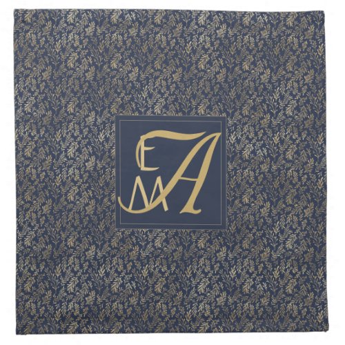 Monogram Navy Gold Leaf Newlyweds Home Decor Gift Cloth Napkin
