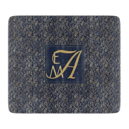 Monogram Navy Gold Leaf Newlyweds Home Decor Gift Cutting Board
