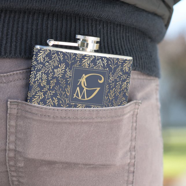 Monogram Navy Gold Leaf Newlyweds Home Decor Gift Flask (In Situ)