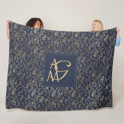 Monogram Navy Gold Leaf Newlyweds Home Decor Gift Fleece Blanket
