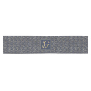 Monogram Navy Gold Leaf Newlyweds Home Decor Gift Short Table Runner