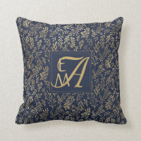 Monogram Navy Gold Leaf Newlyweds New Home Decor Throw Pillow
