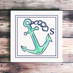 Monogram Navy Green Anchor Nautical Boat Coastal Napkins