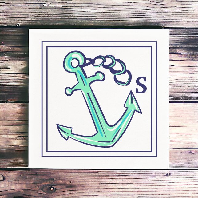 Monogram Navy Green Anchor Nautical Boat Coastal  Napkins (Creator Uploaded)