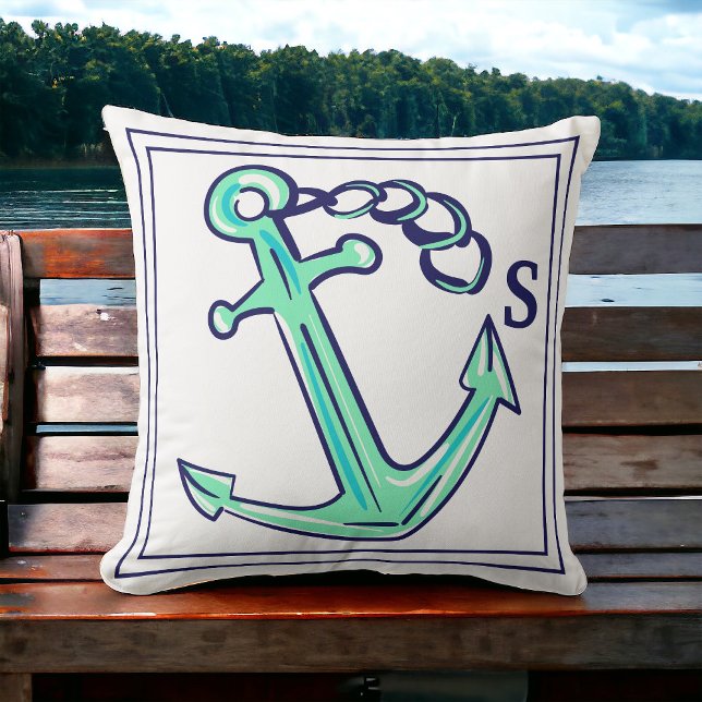 Monogram Navy Green Anchor Nautical Boat Throw Pillow (Creator Uploaded)