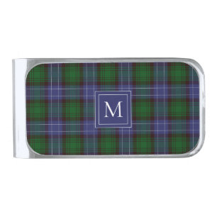 Monogram navy green plaid  silver finish money clip