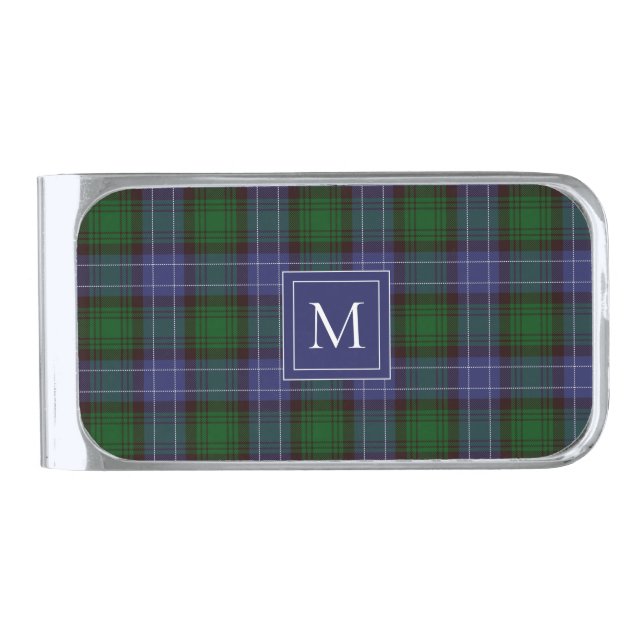 Monogram navy green plaid  silver finish money clip (Front)