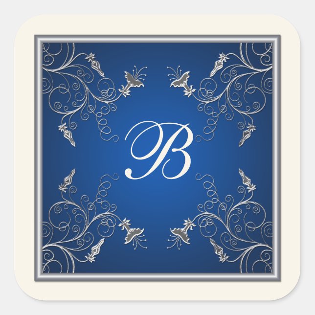 Monogram Navy, Ivory, and Silver Floral Sticker (Front)
