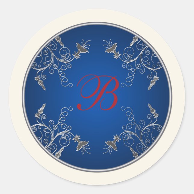 Monogram Navy, Ivory, Red, Silver Floral Sticker (Front)