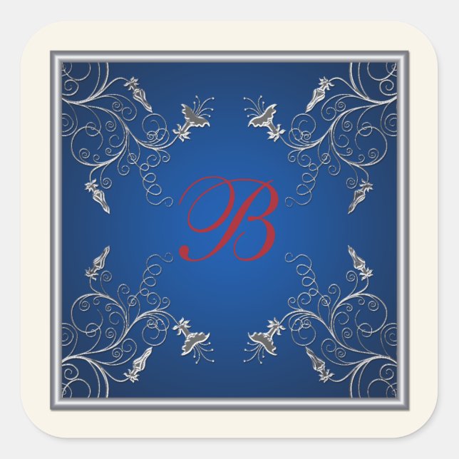 Monogram Navy, Ivory, Red, Silver Floral Sticker (Front)