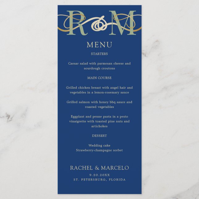 Monogram Navy Olive Sage Green Wedding Menu (Front)