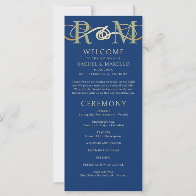Monogram Navy Olive Sage Green Wedding Program (Front)