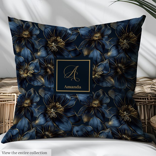Monogram Navy Pillow Gold Flowers Modern Decor (Monogram Navy Pillow Gold Flowers Modern Decor)