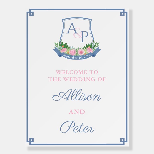 Monogram Navy Pink Roses Wedding Welcome Sign (Front)