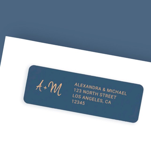 Monogram navy rose gold wedding return address label (Creator Uploaded)