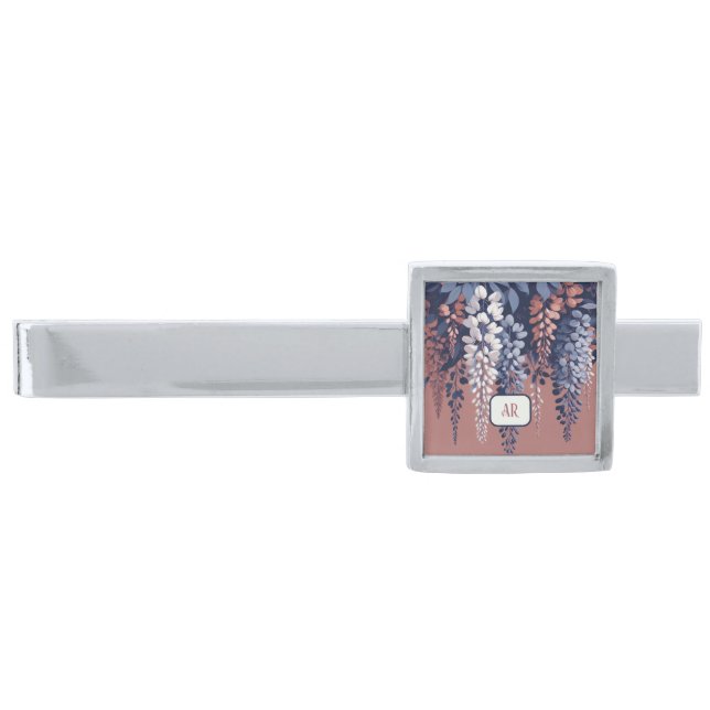 Monogram Navy Rose Wisteria Elegance Silver Finish Tie Bar (Front)