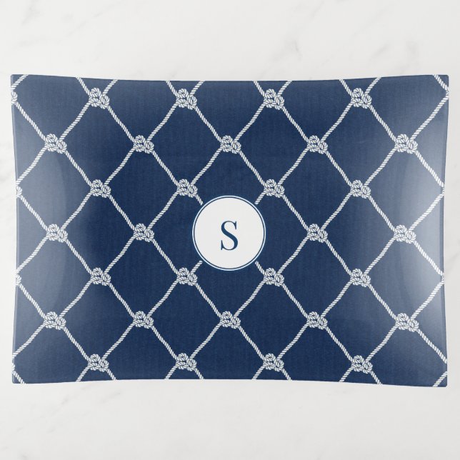 Monogram Navy Sailing Ropes Nautical  Trinket Tray (Front)