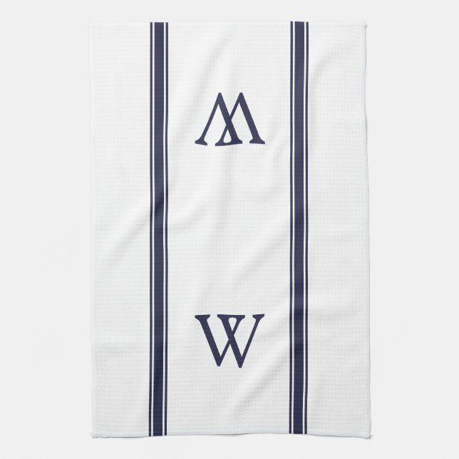 Monogram Navy Stripe Personalized Kitchen Towel (Vertical)