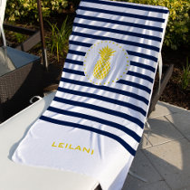 Monogram Navy Stripe with Yellow Pineapple | Beach Towel