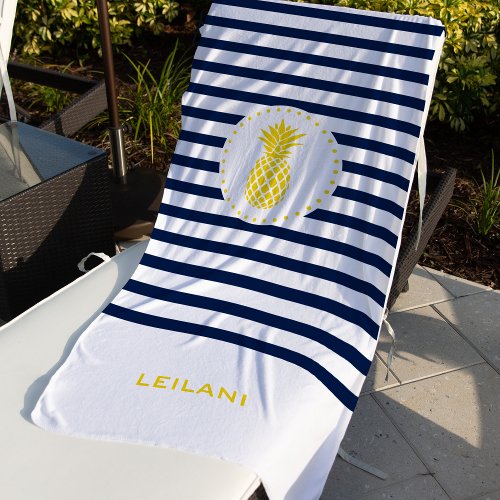 Monogram Navy Stripe with Yellow Pineapple  Beach Towel