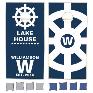 Monogram navy white nautical ship helm lake house cornhole set