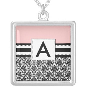 Monogram Necklace Black Pink Damask  Pendant by celebrateitgifts at Zazzle