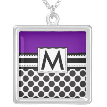 Monogram Necklace Black Polka Dots Purple Pendant by celebrateitgifts at Zazzle