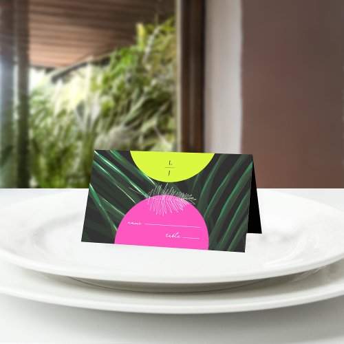 Monogram Neon Arches Palm Leaf Tropical Wedding Place Card