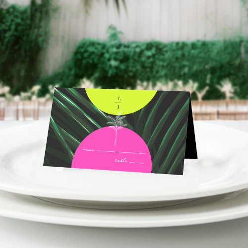 Monogram Neon Arches Palm Tree Tropical Wedding Place Card